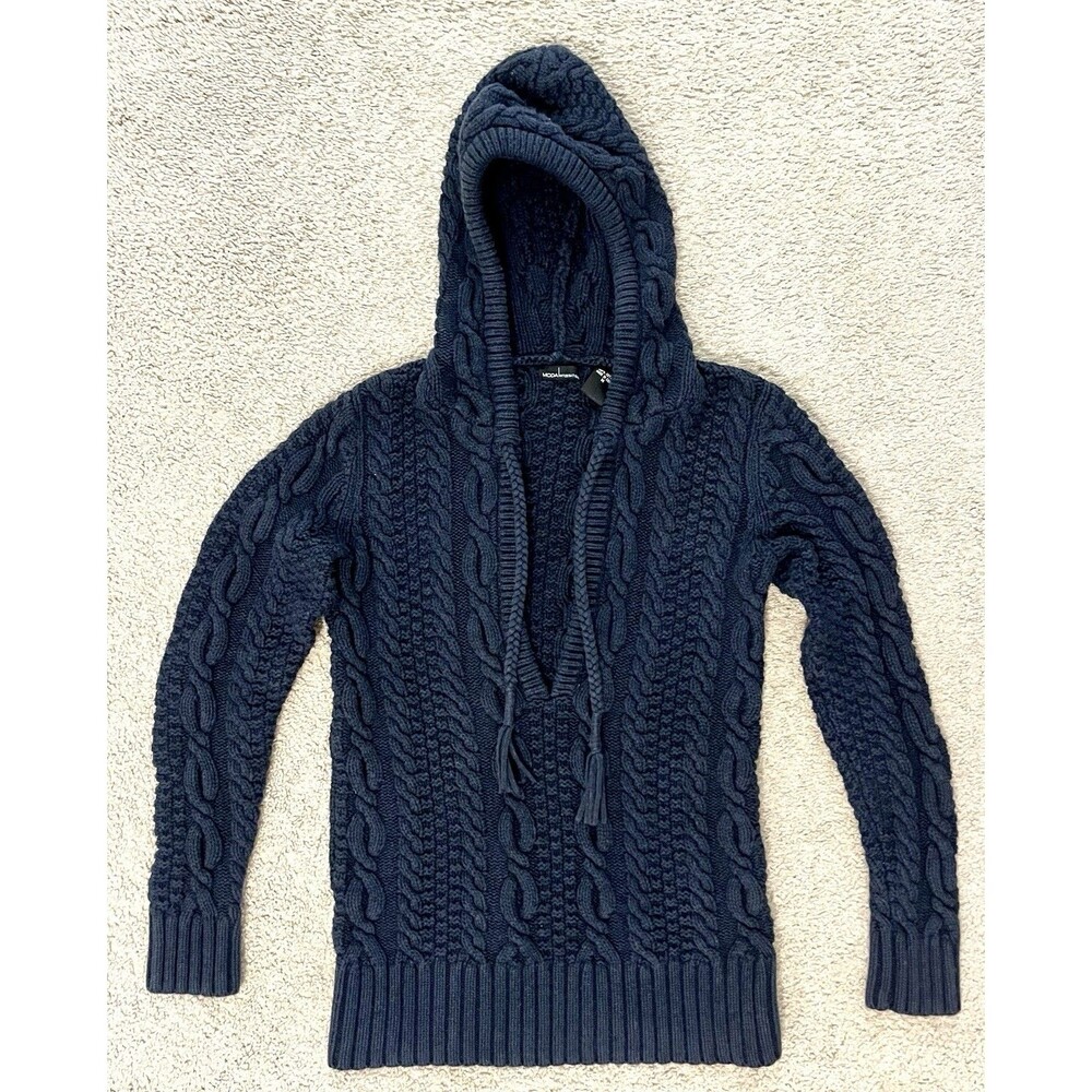 Moda International Navy Cable Sweater Pullover Hooded Y2K 100% Cotton Size M
